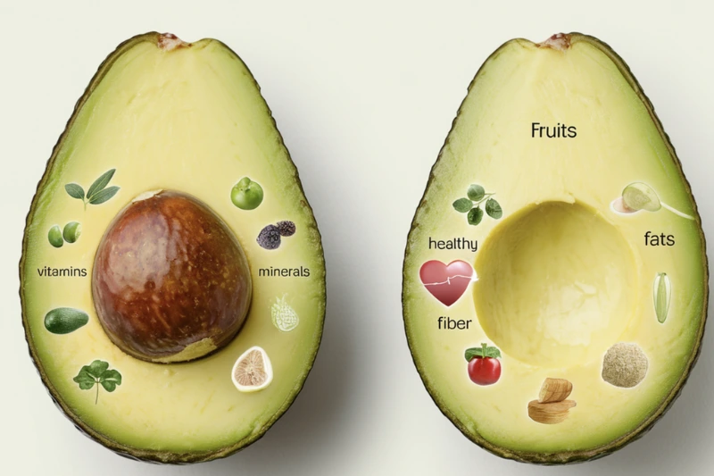 A halved avocado with its nutritional components visually displayed