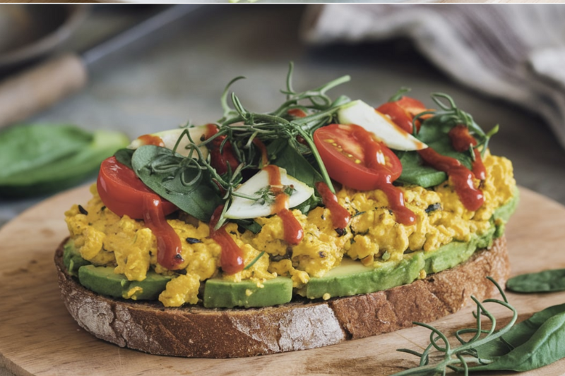 A vegan version of avocado toast with tofu scramble and fresh vegetables. A vegan version of avocado toast with tofu scramble and fresh vegetables