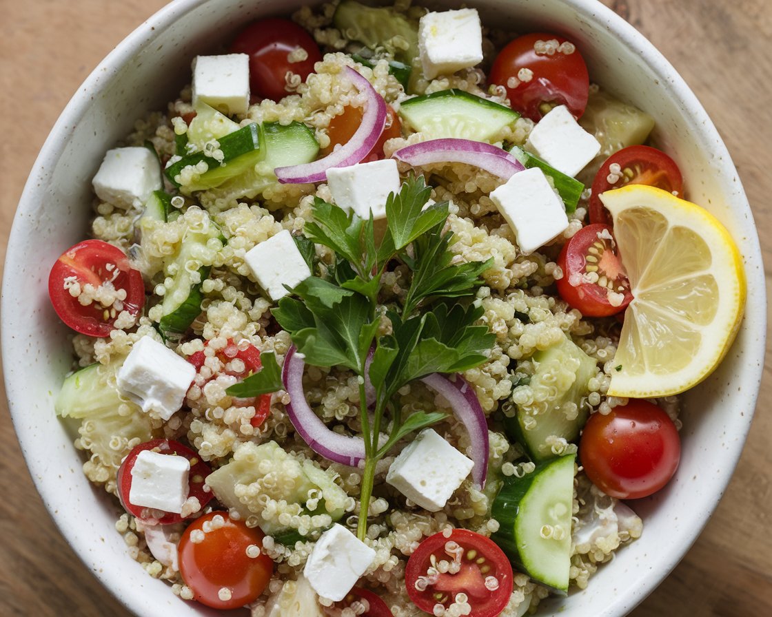 Assembled Quinoa Tri-Color Salad A vibrant quinoa tri-color salad garnished with fresh parsley and lemon