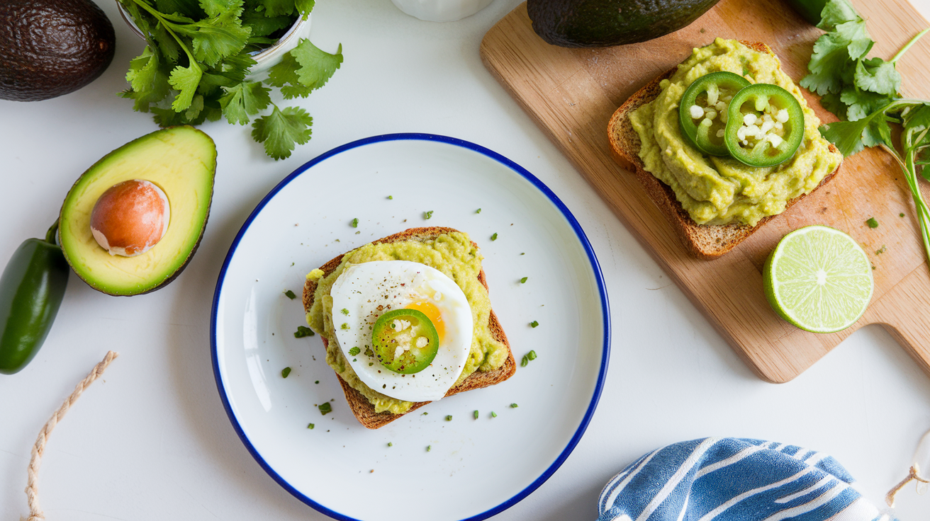Homemade Avocado and Guacamole Toast Recipes Avocado toast with poached egg and guacamole toast with toppings on a kitchen countertop.