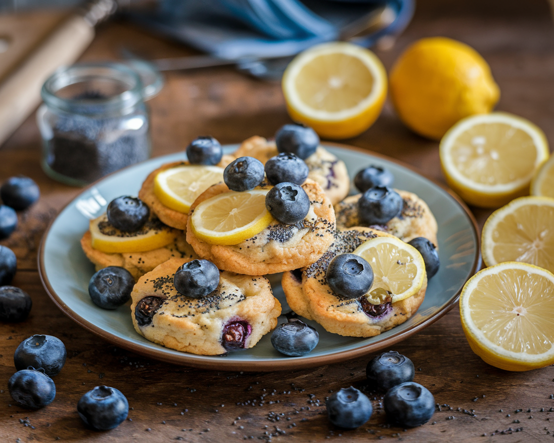 A plate of golden blueberry lemon poppy seed cookies with fresh blueberries, lemon slices, and a jar of poppy seeds on a rustic table