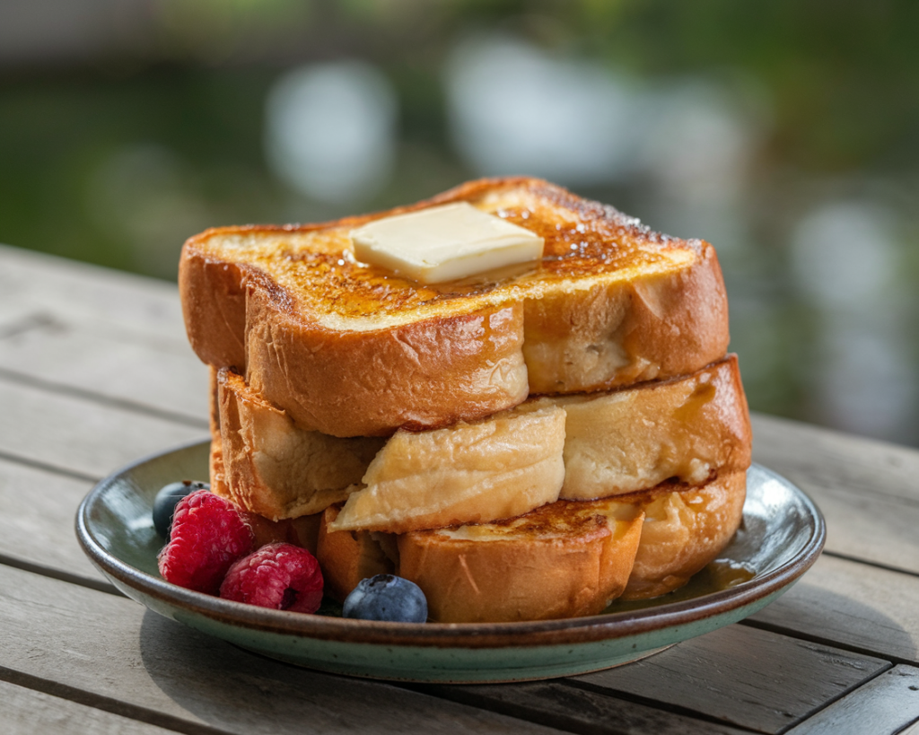 Beautifully plated brioche French toast with fresh berries, powdered sugar, and syrup on a rustic wooden table.