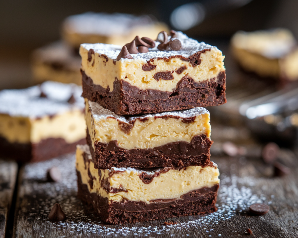 Cheesecake brownies stacked with creamy cheesecake swirls on a rich brownie base, dusted with powdered sugar on a rustic table.