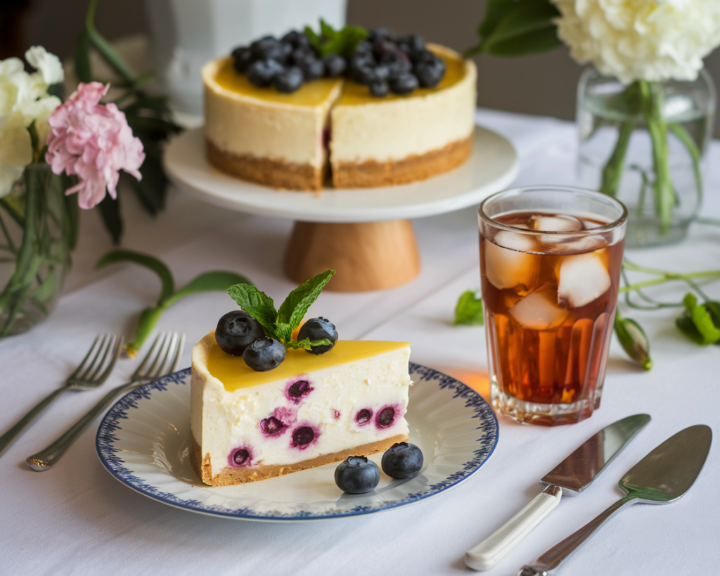 Slice of lemon blueberry cheesecake paired with iced tea and garnished with fresh fruit and mint leaves.