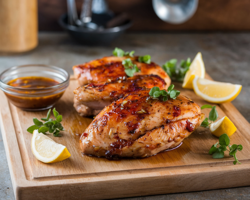 Chicken breasts marinating in a glass bowl with lemon slices, garlic, and thyme, surrounded by marinade ingredients.