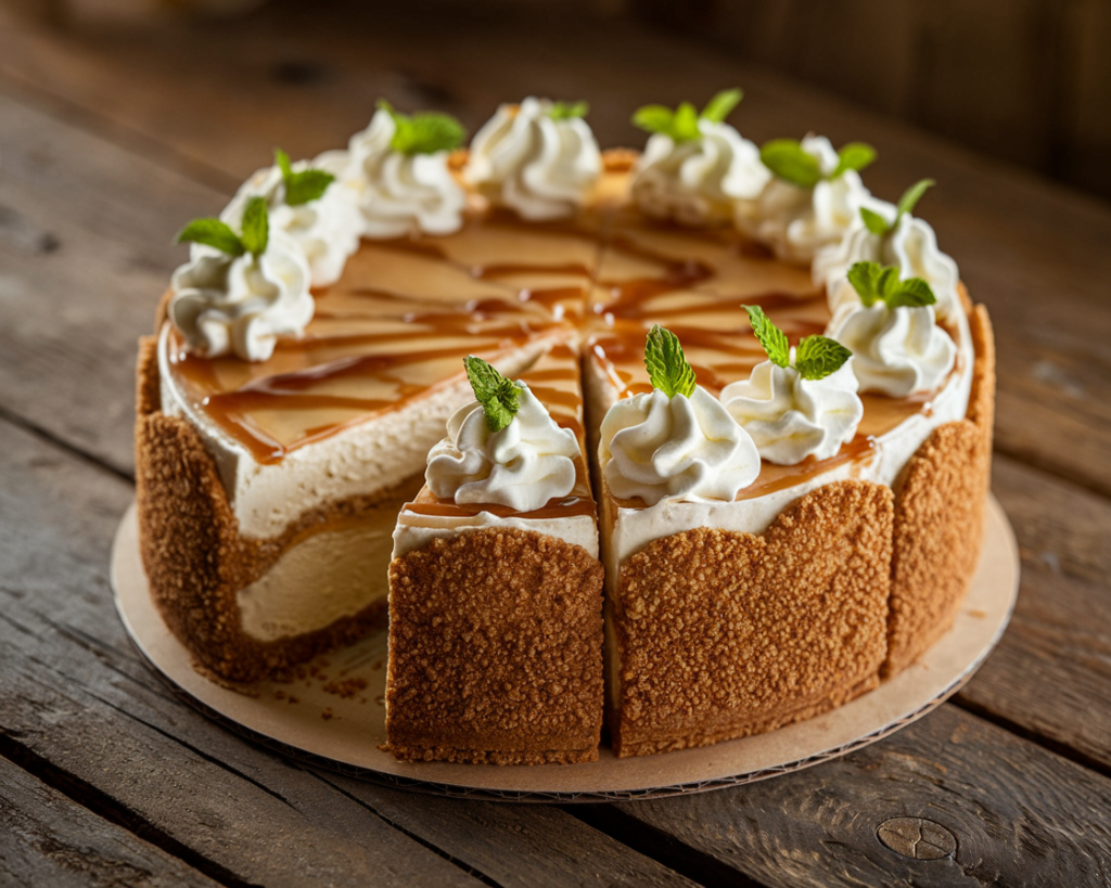 Golden churro cheesecake with a cinnamon-sugar crust, creamy filling, and caramel drizzle, garnished with whipped cream and mint leaves