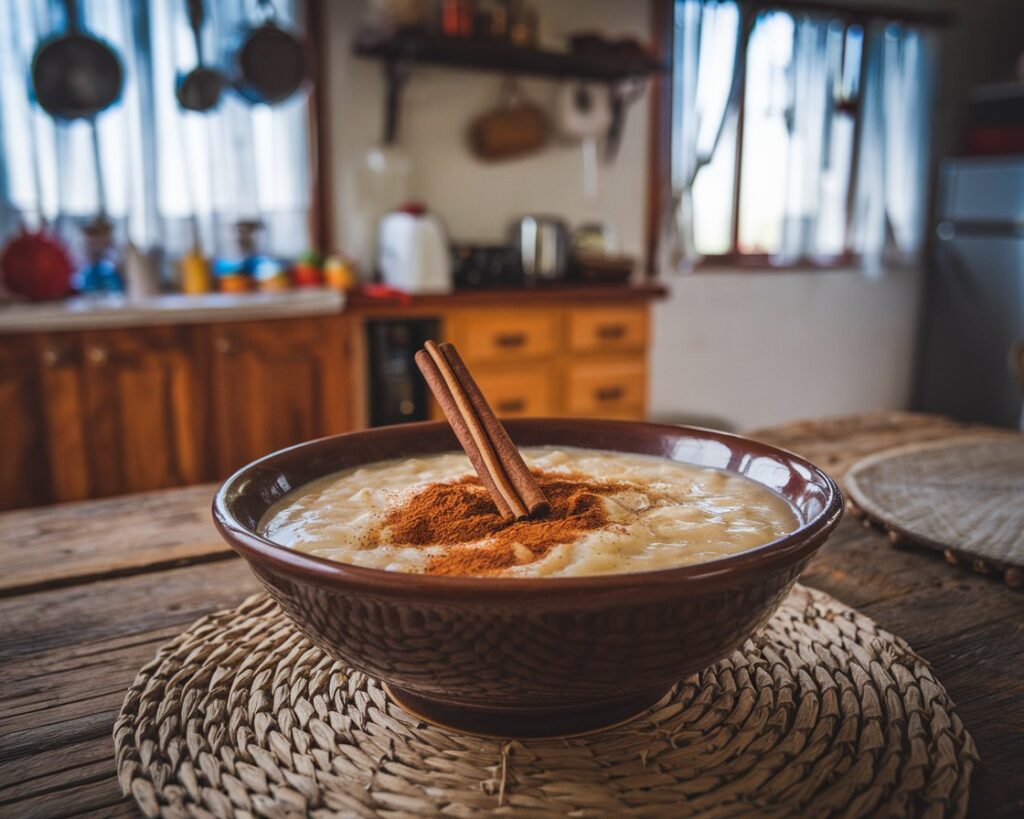 A bowl of creamy arroz con leche topped with a cinnamon stick and ground cinnamon on a rustic wooden table.