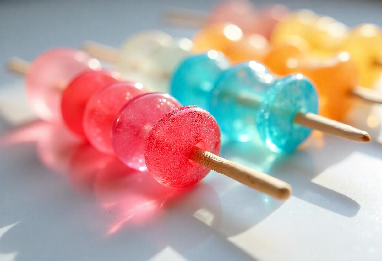 Close-up of colorful crystal candy on wooden skewers in pink, blue, and yellow shades on a reflective surface.