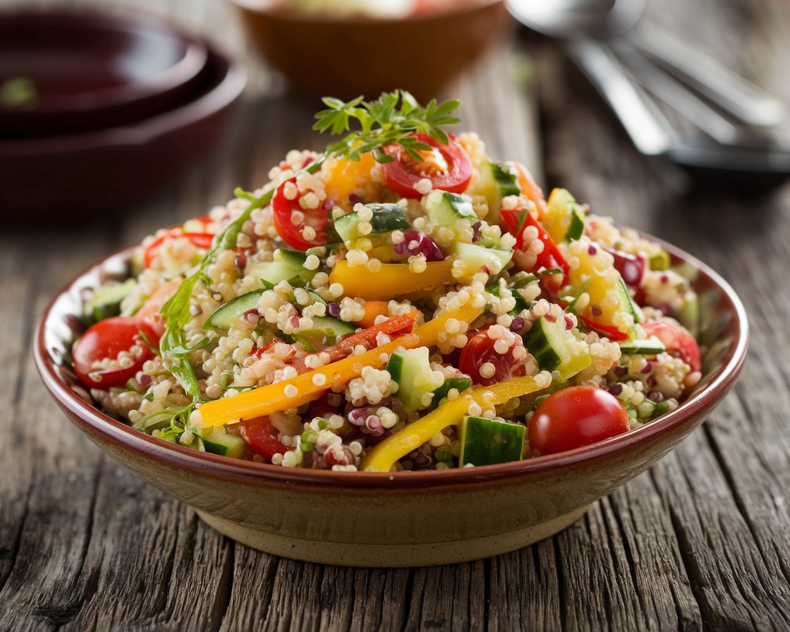 Colorful Quinoa Salad Bowl A colorful quinoa salad with fresh vegetables in a ceramic bowl on a rustic table.