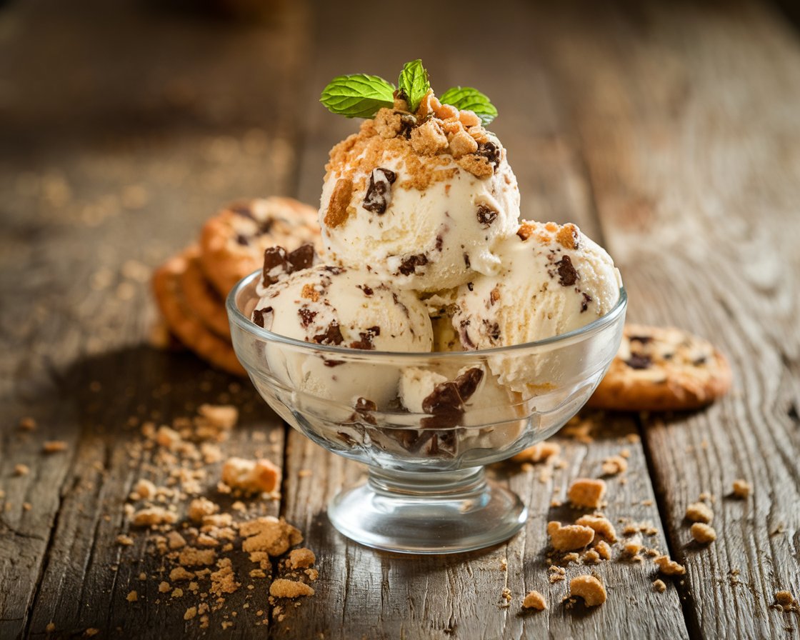 A bowl of cookie crumble ice cream topped with cookie pieces and garnished with a sprig of mint on a rustic wooden table