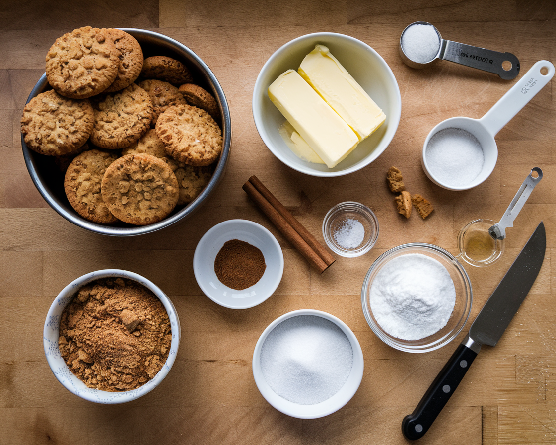 Cookie Crumble Ingredients Ingredients for cookie crumble, including crumbled cookies, butter, sugar, and cinnamon, arranged on a wooden countertop.