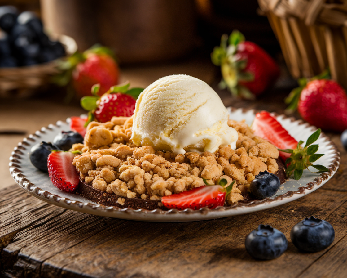 A plate of golden cookie crumble paired with a scoop of vanilla ice cream, surrounded by fresh strawberries and blueberries on a wooden table.