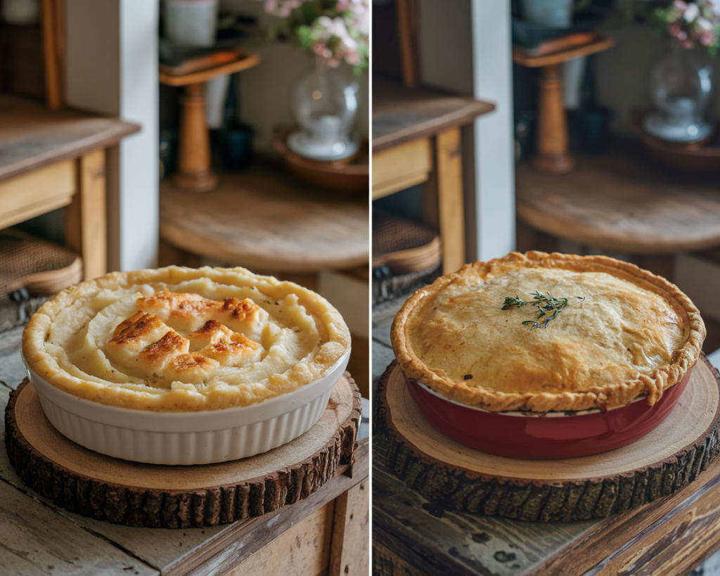 Side-by-side view of cottage pie and shepherd’s pie with golden mashed potato crusts.