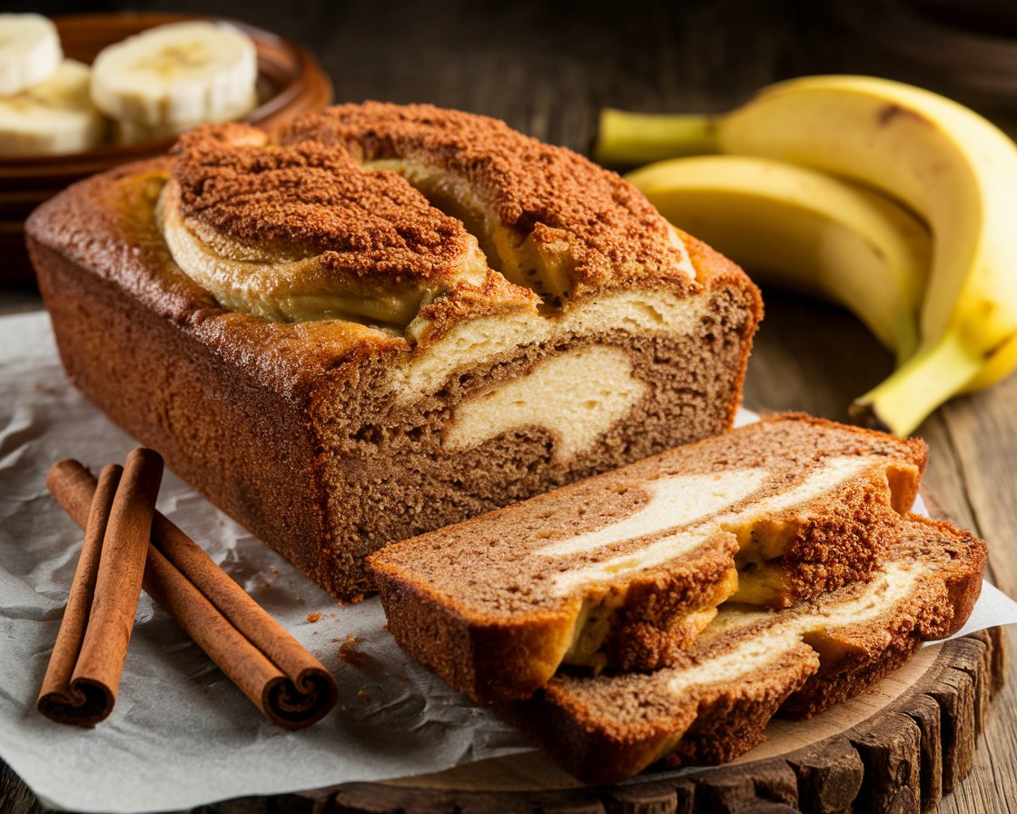 A sliced cream cheese banana bread with golden cinnamon topping on a rustic wooden counter.