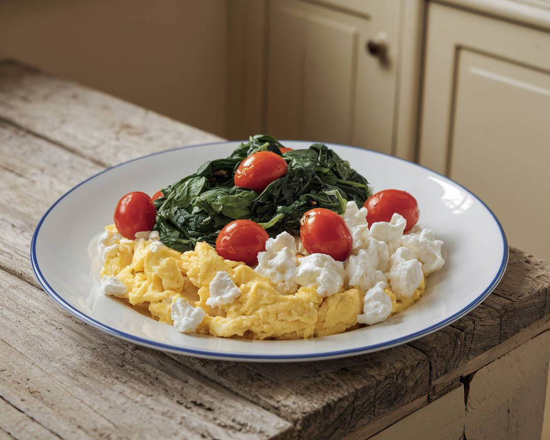 Creative Variations of Scrambled Eggs with Cottage Cheese Scrambled eggs with cottage cheese, topped with sautéed spinach and cherry tomatoes, showcasing a creative twist.