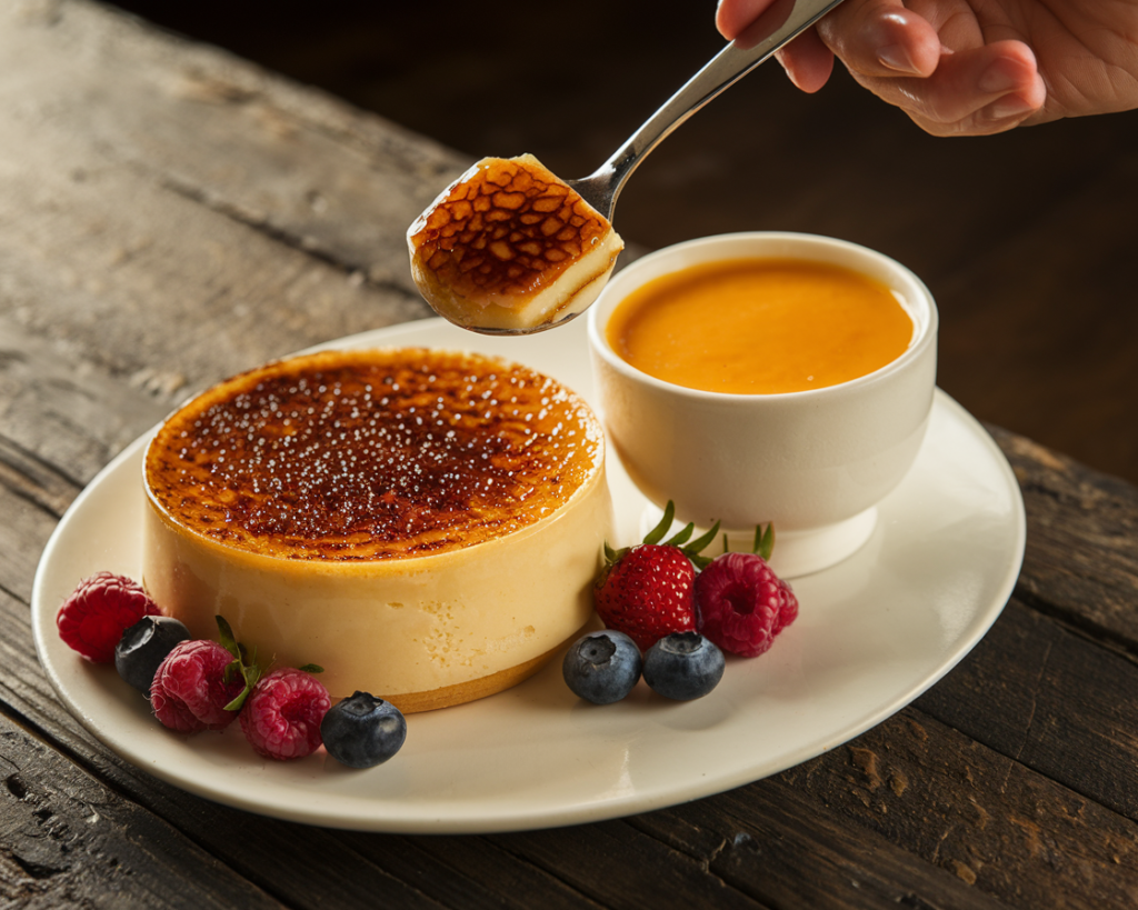 A crème brûlée with a caramelized top beside a bowl of creamy custard, presented on a wooden table.