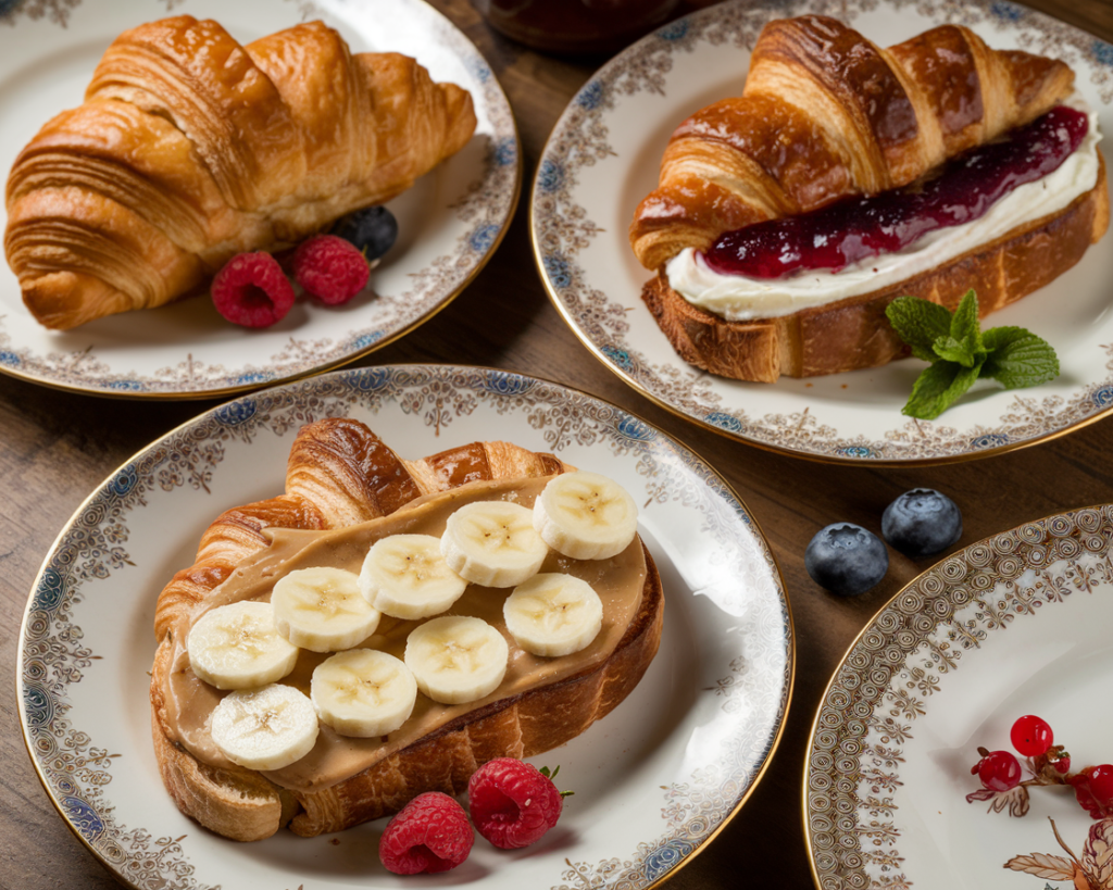 Three variations of croissant toast: classic, vegan, and stuffed, presented elegantly.