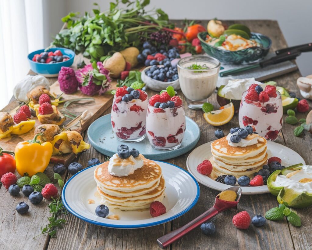 A variety of cottage cheese recipes including pancakes, stuffed bell peppers, and berry parfaits, displayed on a rustic table with fresh ingredients.