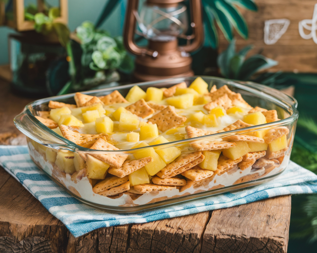 Golden pineapple casserole topped with buttery crackers and melted cheese in a glass dish on a rustic table.