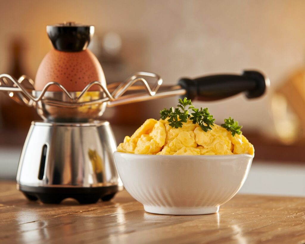 A close-up of an egg scrambler next to a bowl of fluffy scrambled eggs garnished with parsley on a wooden countertop