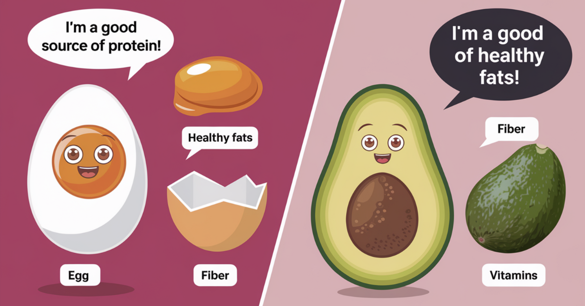 Eggs vs. Avocados_ Nutritional Comparison Infographic comparing the nutritional value of eggs and avocados, showcasing protein, fats, and vitamins