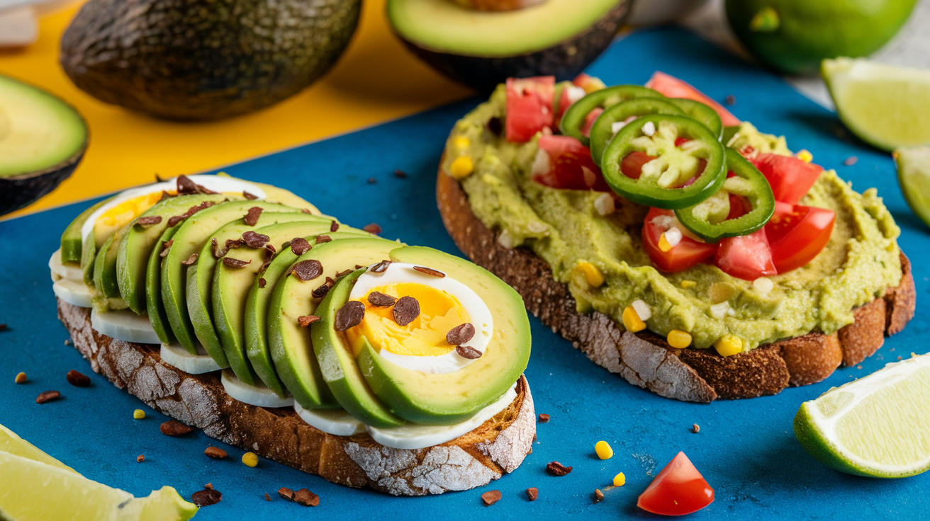 Creative Toppings for Avocado and Guacamole Toast Avocado toast with chili flakes and eggs, next to guacamole toast