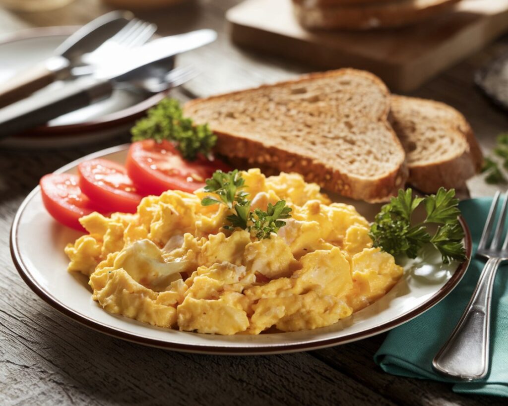 A plate of golden scrambled eggs garnished with parsley, served with sliced tomatoes and toast on a rustic wooden table