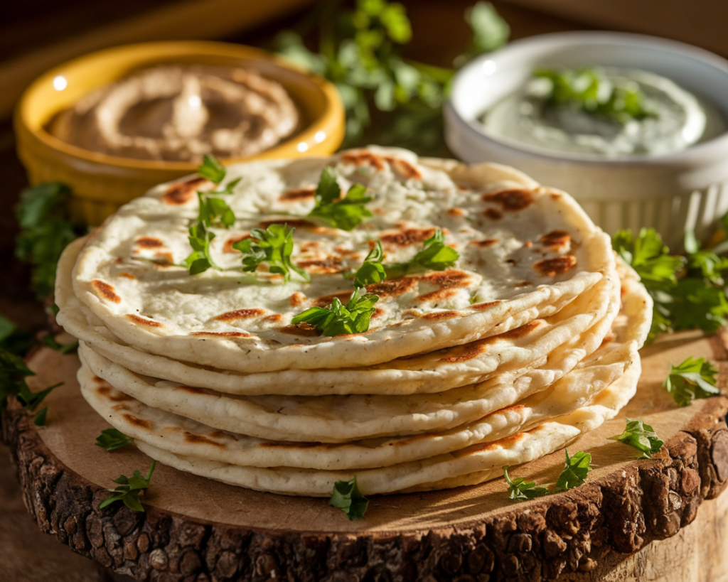 A stack of freshly made cottage cheese flatbreads served on a rustic board with dips and garnished with parsley.