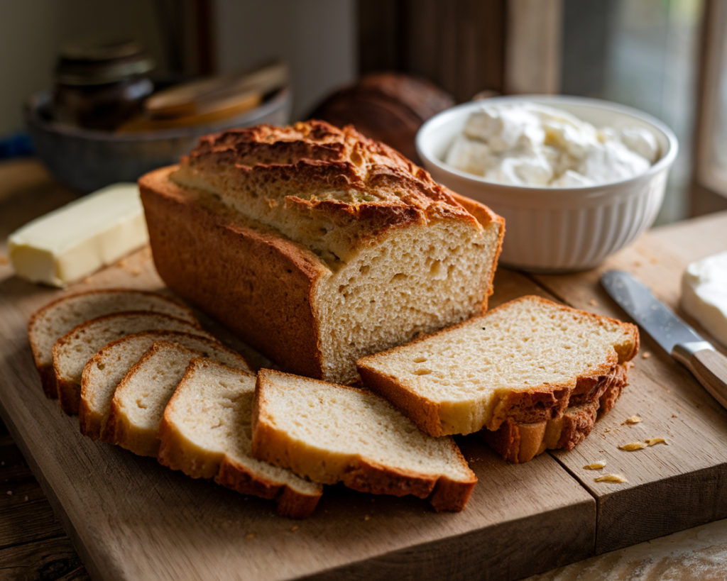 Freshly baked cottage cheese bread on a wooden cutting board with a bowl of cottage cheese and butter on the side