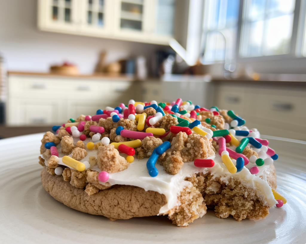 A batch of freshly baked Crumbl cookies in various flavors, displayed on parchment paper with crumbs on a wooden table.