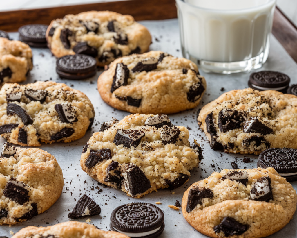 Freshly baked Crumbl-style Oreo cookies on a wooden tray with crushed Oreos and a glass of milk.