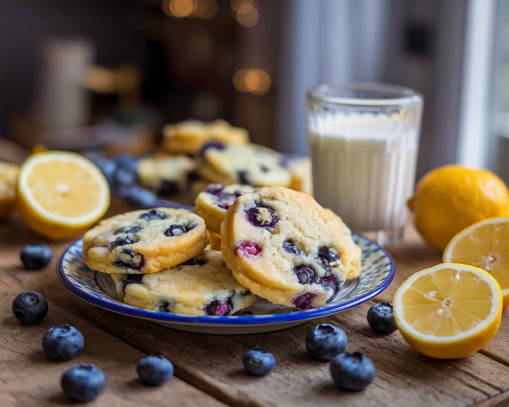 A plate of golden lemon blueberry cookies with fresh blueberries and lemon slices on a wooden table.