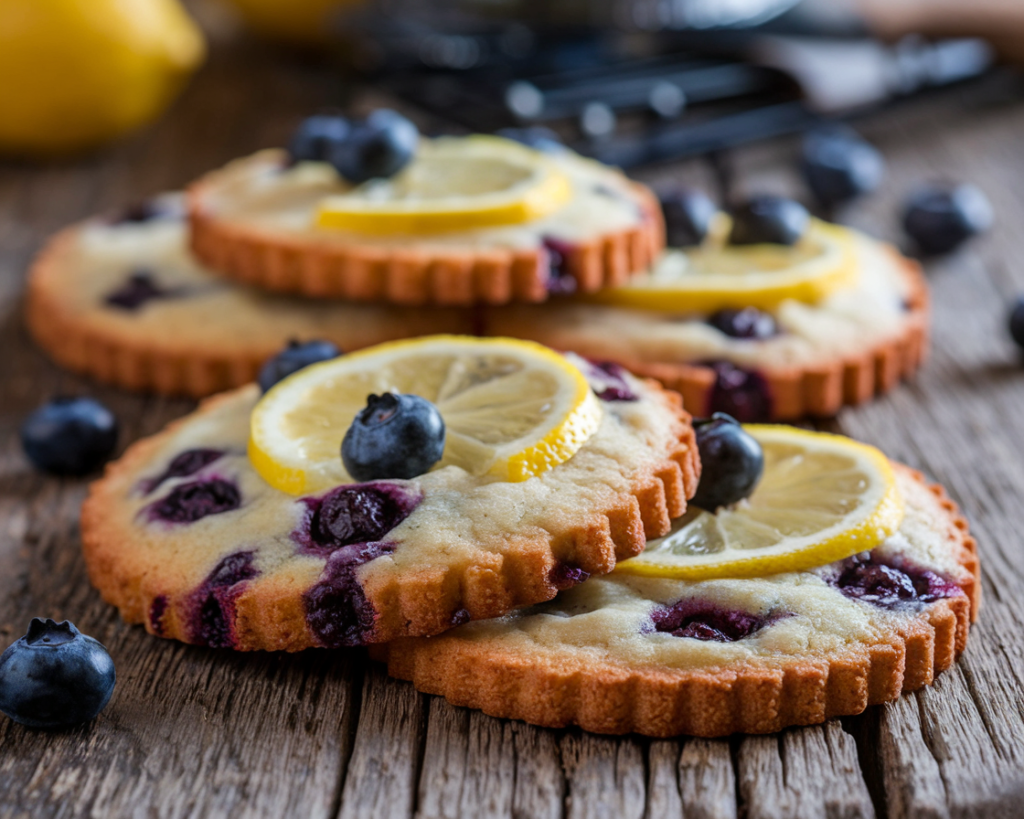 Close-up of lemon blueberry cookies on a wooden table with fresh lemon slices and blueberries.