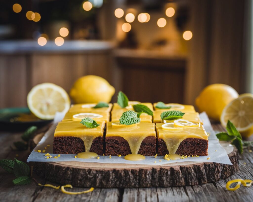 Freshly baked lemon brownies with glossy lemon glaze, lemon zest, and sliced lemons on a rustic table.
