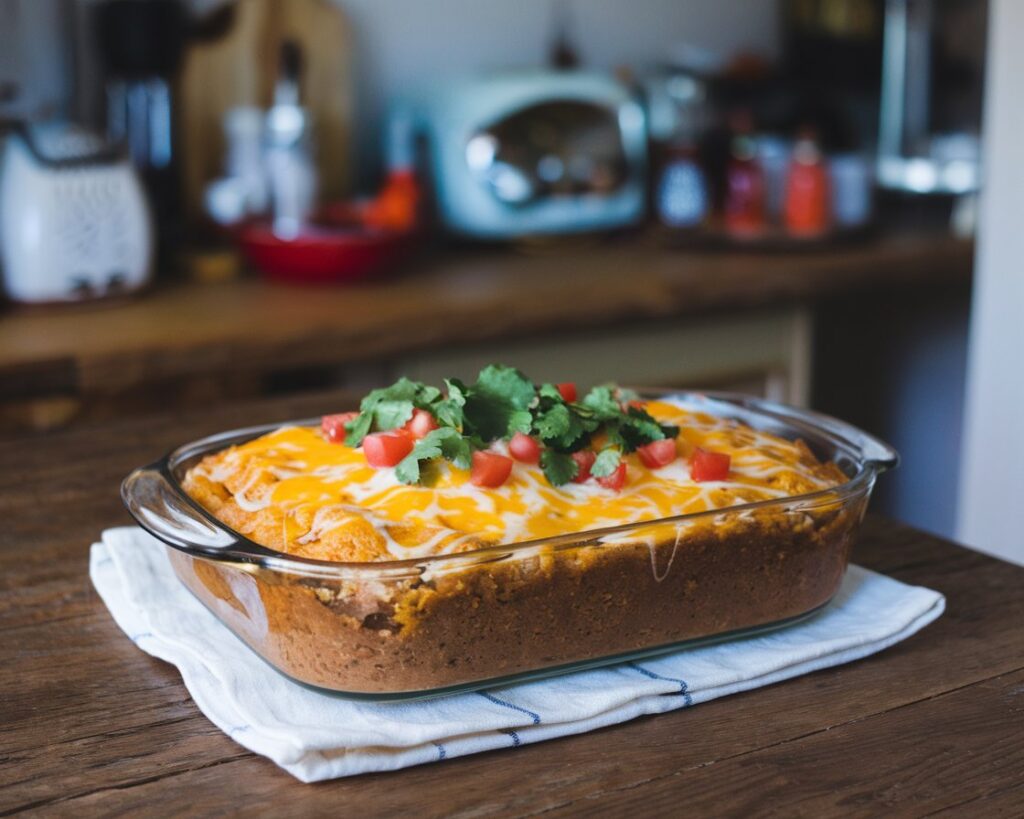 Mexican cornbread casserole topped with melted cheese, diced tomatoes, and cilantro in a glass dish on a rustic table.