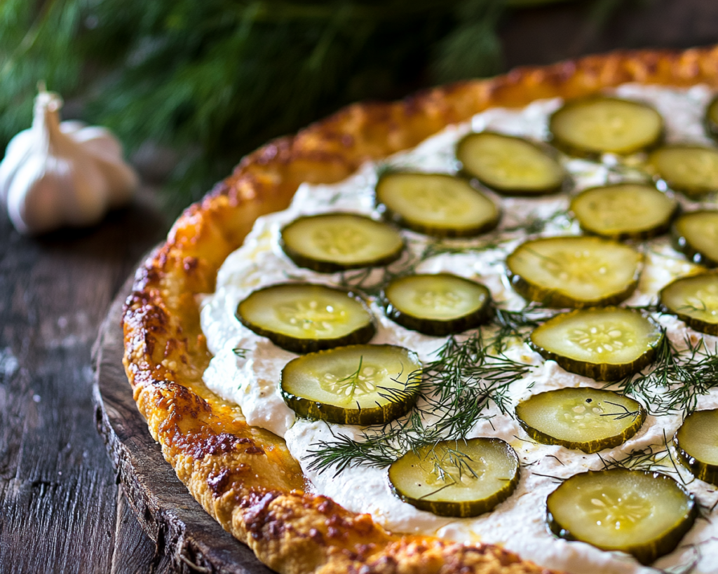 A close-up of a pickle pie pizza with golden crust, creamy sauce, and sliced pickles on a rustic table.