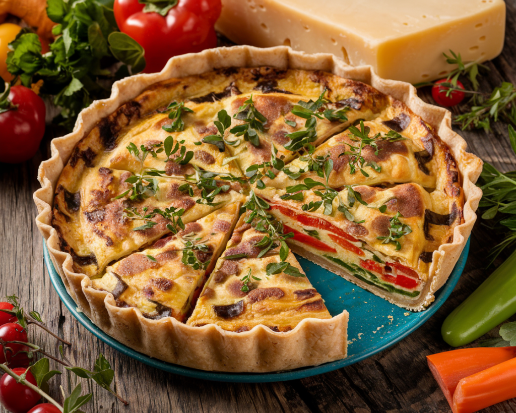 A golden tortilla quiche bake served on a rustic wooden table with fresh vegetables and cheese.