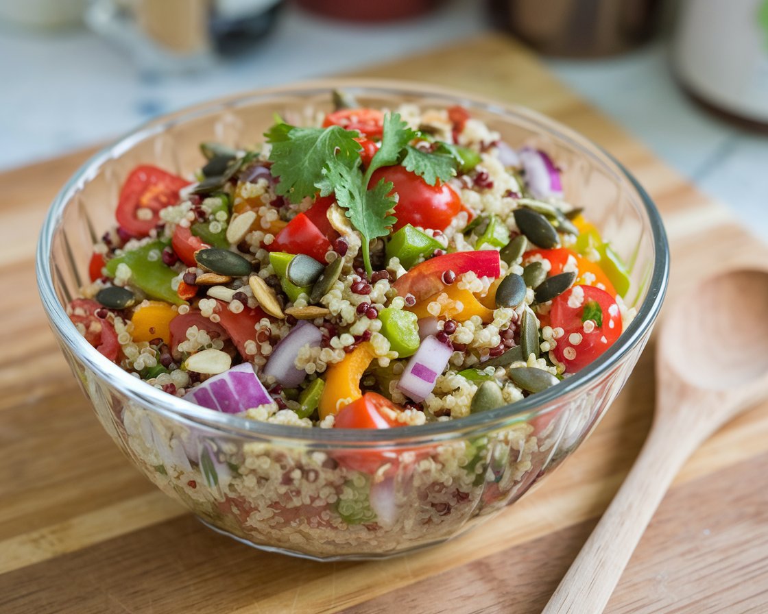 Freshly Made Quinoa Salad A quinoa salad with vegetables, nuts, and seeds in a glass bowl