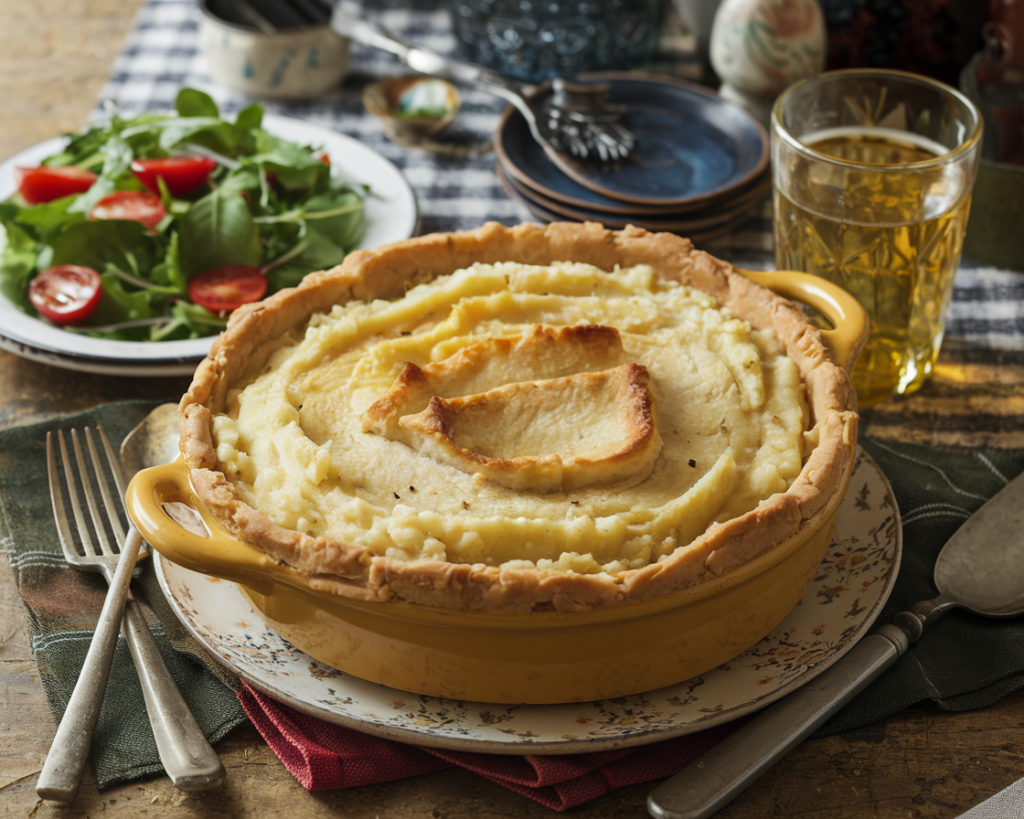 Chicken Shepherd's Pie in a rustic ceramic dish with golden mashed potato topping and fresh vegetables.