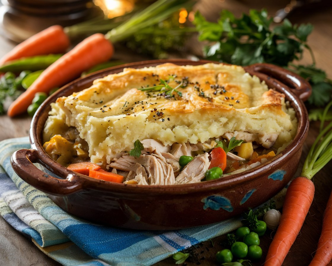 Chicken Shepherd's Pie in a rustic ceramic dish with golden mashed potato topping and fresh vegetables