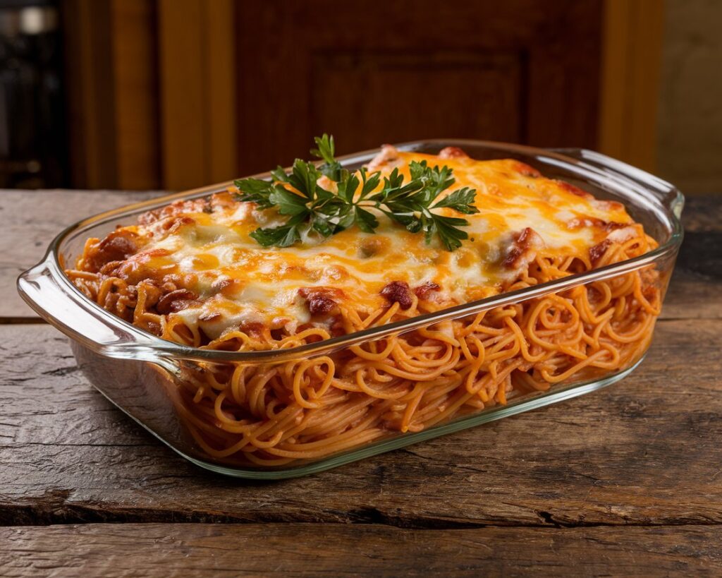 Spaghetti casserole with melted cheese and parsley in a glass dish on a rustic wooden table.