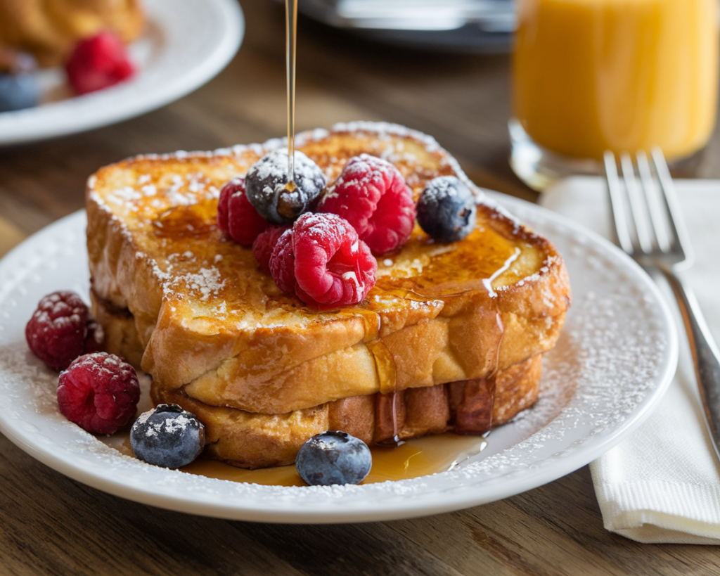 A plate of golden-brown Hawaiian roll French toast topped with berries, powdered sugar, and syrup.