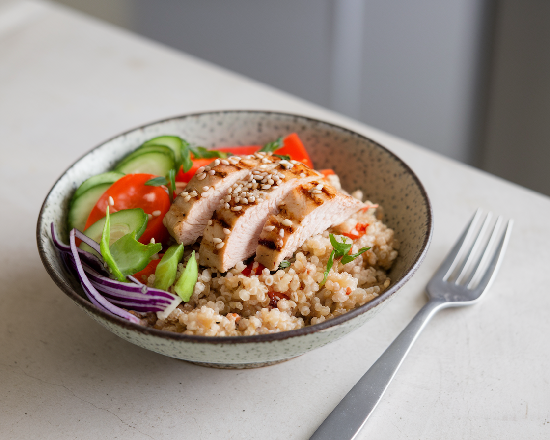 Healthy Quinoa Rice Bowl A healthy quinoa rice bowl with vegetables and grilled chicken.