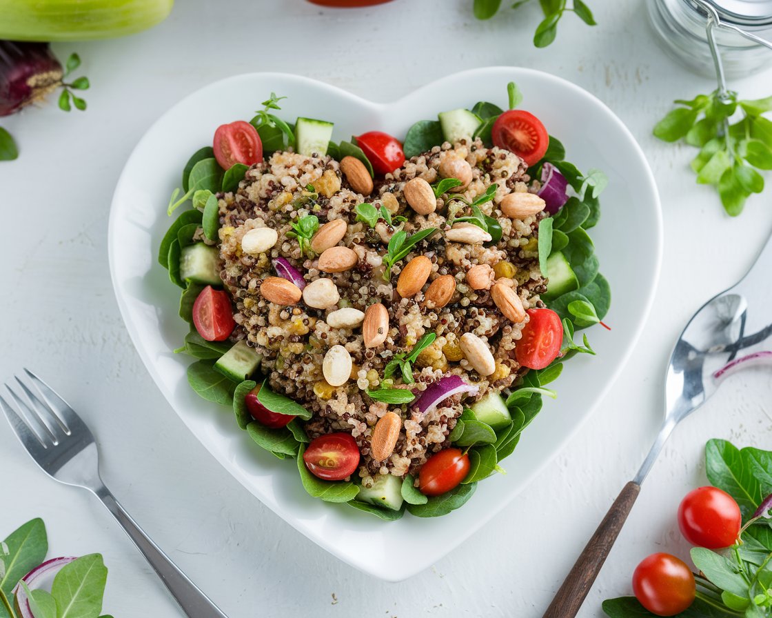 Heart-Healthy Quinoa Salad A quinoa salad shaped like a heart on a white plate with greens and nuts.