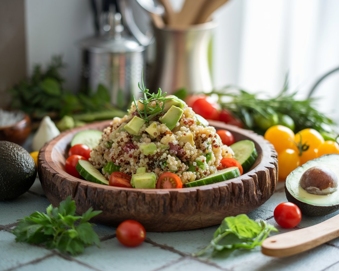 Vibrant quinoa salad with cherry tomatoes, cucumbers, avocados, and fresh herbs in a wooden bowl.