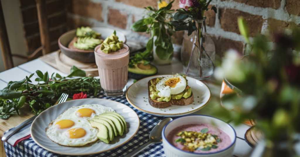 Breakfast table with eggs and avocados, including sunny-side-up eggs, avocado toast, and a smoothie Is it Okay to Eat Eggs and Avocados Every Day? - bowl, illustrating the benefits of eating these foods daily
