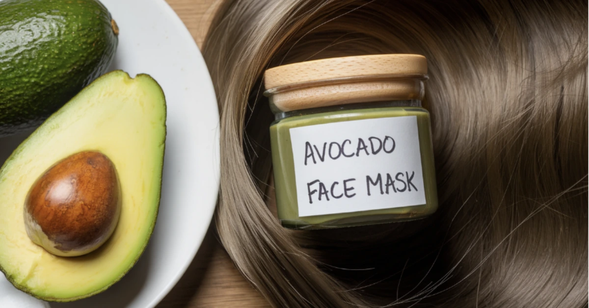 Is it Okay to Use Avocado Daily Benefits for Skin and Hair Jar of avocado face mask next to fresh avocado slices and a strand of glossy hair, showcasing the beauty benefits of daily avocado use.