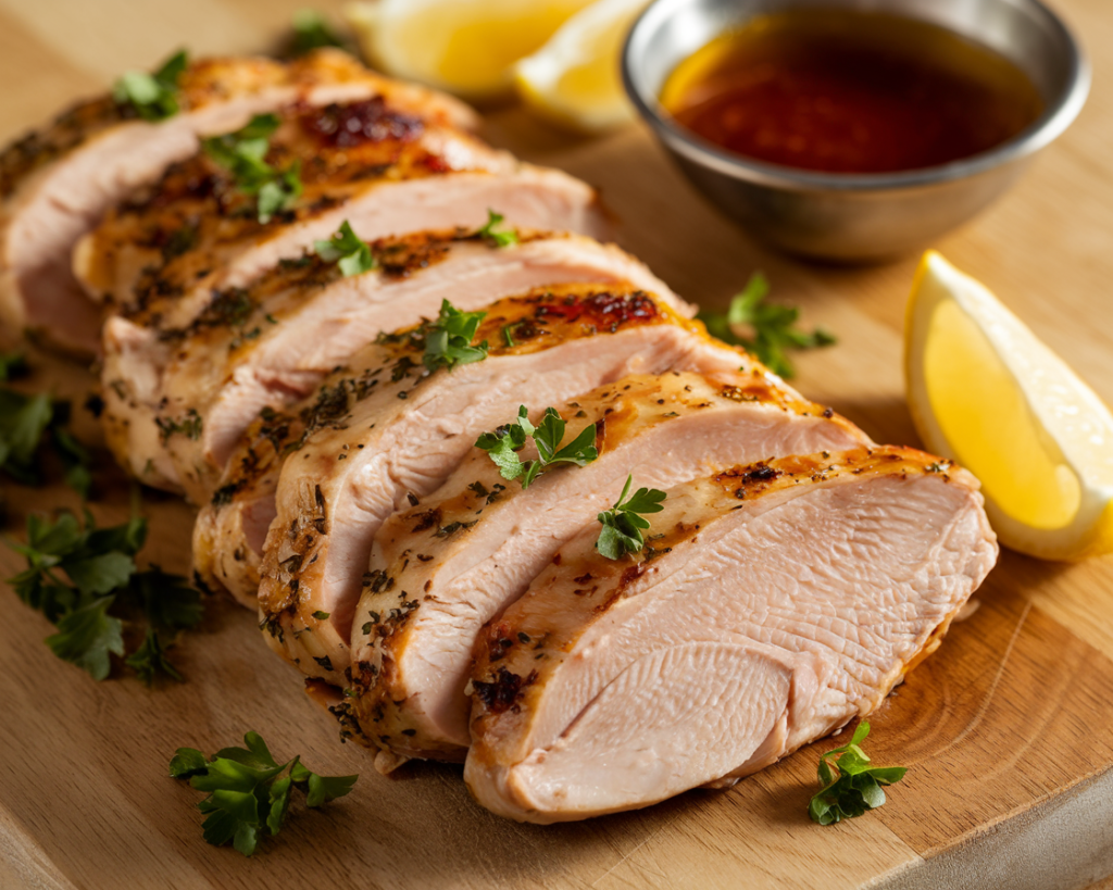 Golden-brown chicken breast slices arranged on a wooden cutting board, garnished with parsley and lemon wedges.