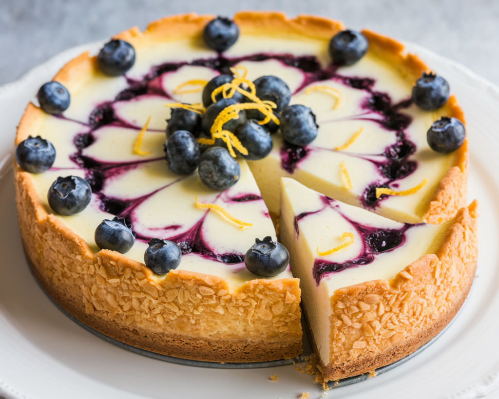 Perfectly baked lemon blueberry cheesecake with blueberry swirls and lemon zest garnish on a white plate.