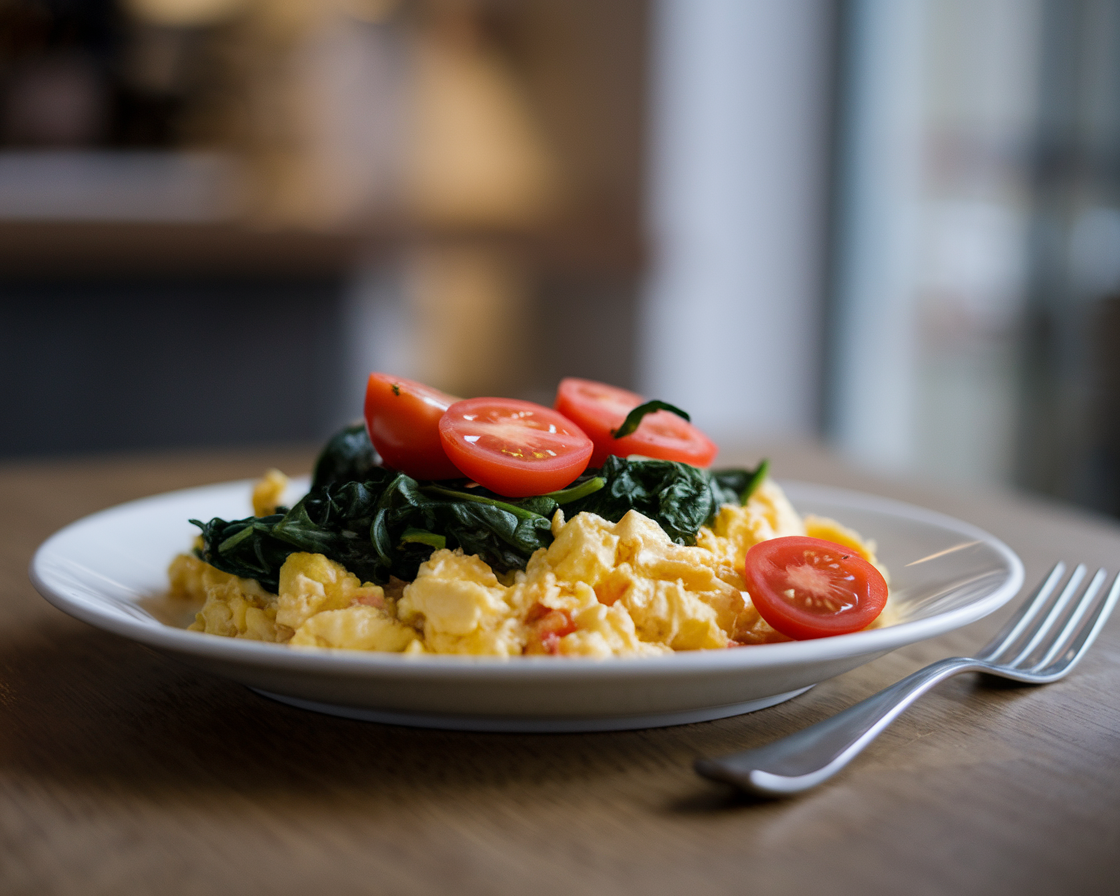Low-Calorie Scrambled Eggs with Vegetables A healthy plate of scrambled egg whites served with spinach and cherry tomatoes on a white plate